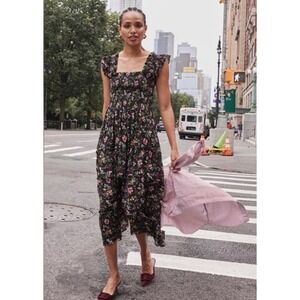 Hill House The Ellie Nap Dress Berry Floral Black Sleeveless Midi Dress Small